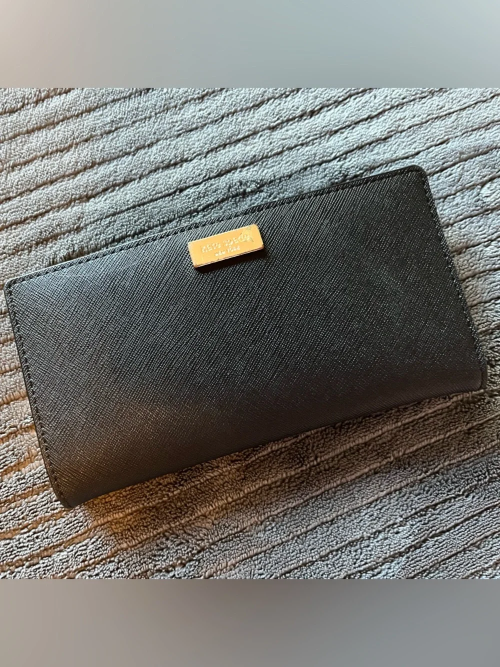 kate spade Black Saffiano Long Wallet with Gold Logo Plate